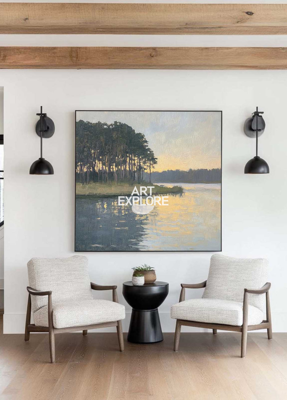 Large Swamp Landscape Oil Painting Lake View Canvas Wall Art Landscape Painting Livingroom Wall Art