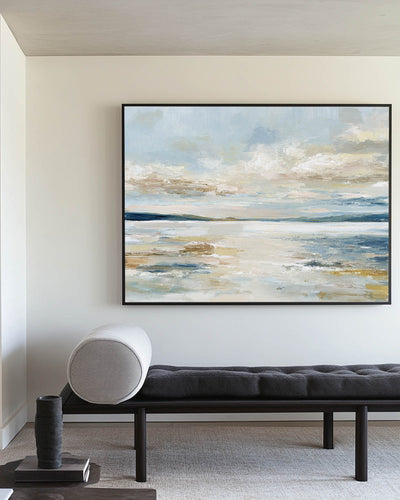 Large Texture Painting of Misty Morning Lake – Abstract Blue Beige Wall Art by ArtExplore