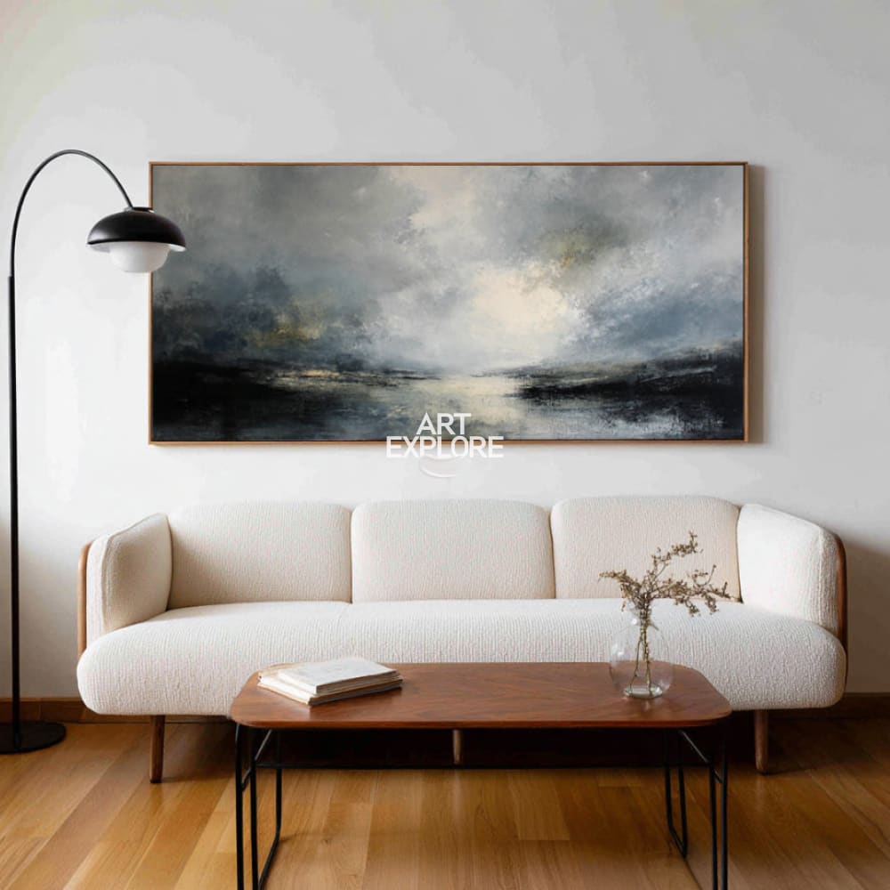Large Textured Lake Wall Art Minimalist Dark Landscape Oil Painting Canvas - ArtExplore