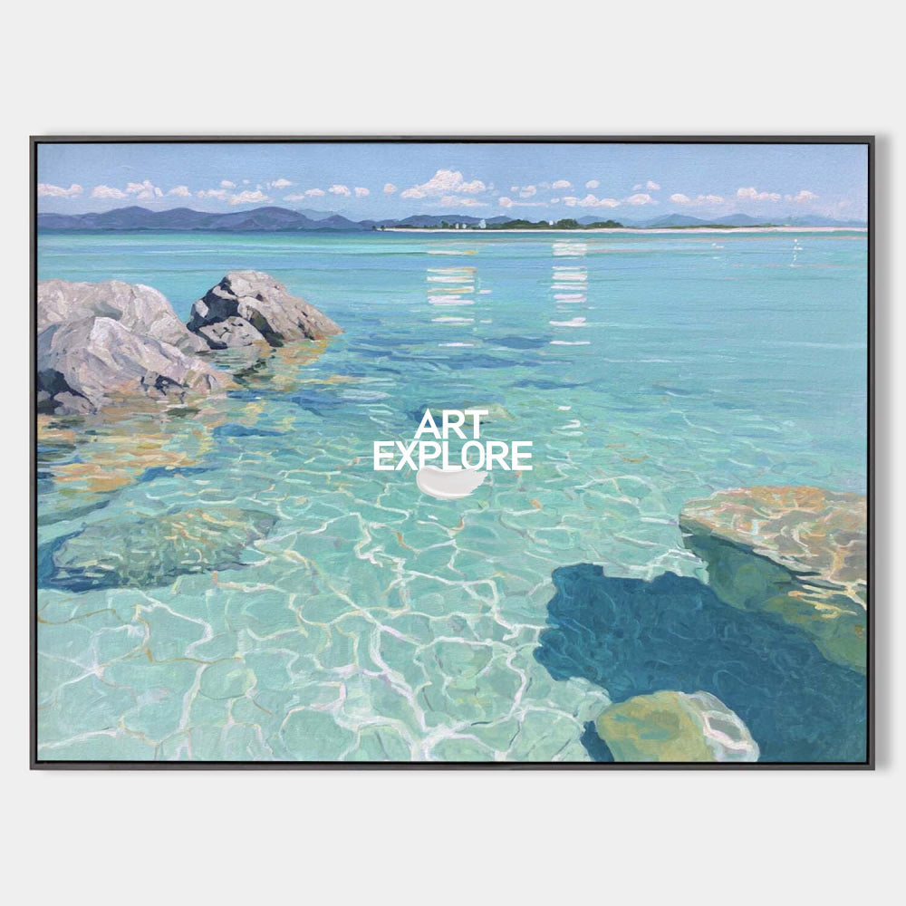 Large Turquoise Cove Painting Sparkling Crystal Water Textured Art