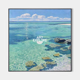 Large Turquoise Ocean Painting Sparkling Cove Textured Rock Art