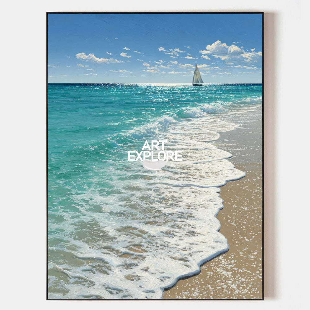Large Turquoise Wave Painting Sailboat 3D Impasto Seafoam Art