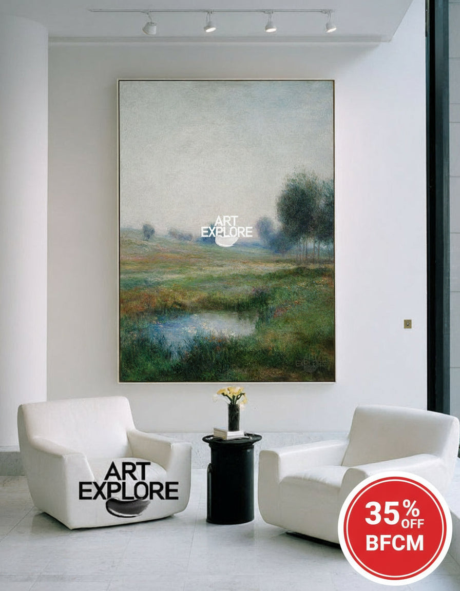 Large Vertical Haze Forest Landscape Oil Painting | Minimalist ArtExplore Canvas