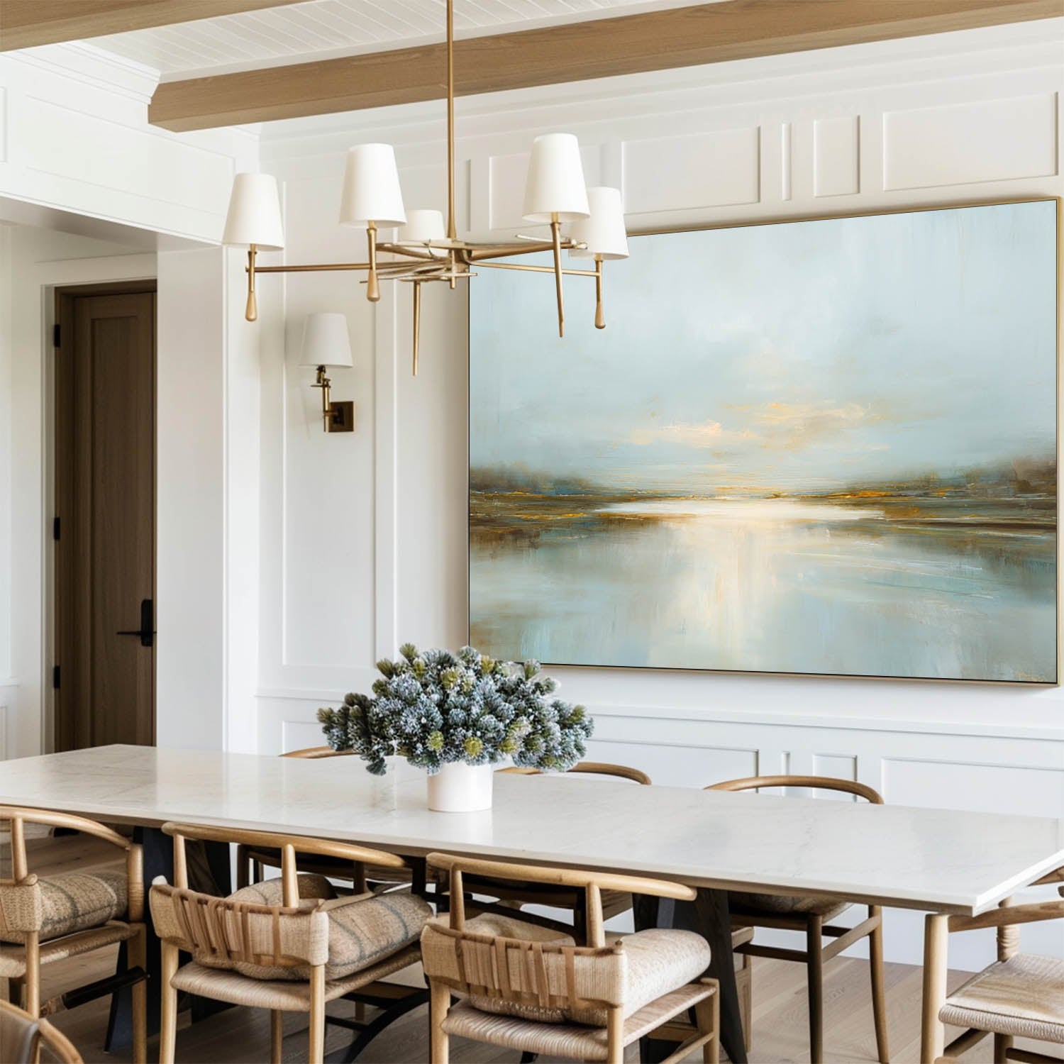 Large Vertical Sunrise Lake Painting – Modern Minimalist Art for Hallway or Dining Room | Artexplore