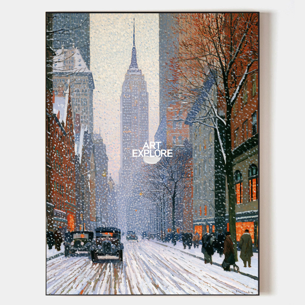 Vintage NYC Snow Street Painting With Empire State Building