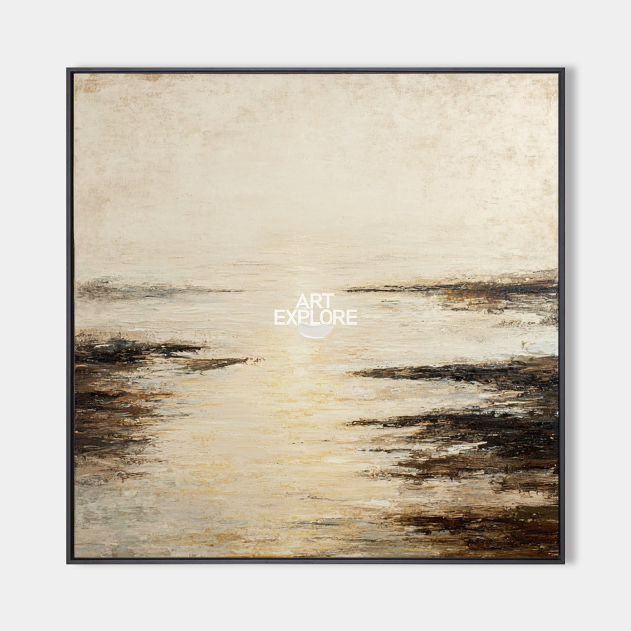 Large Wabi-Sabi Beige Lake View Art, Minimalist Handmade Oil Painting by Wei Pen