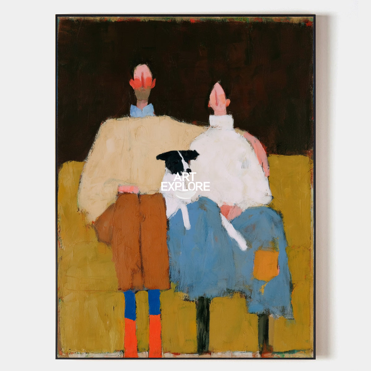 Warm Brown Wall Art For Living Room Modern Abstract Painting With Couple With Dog
