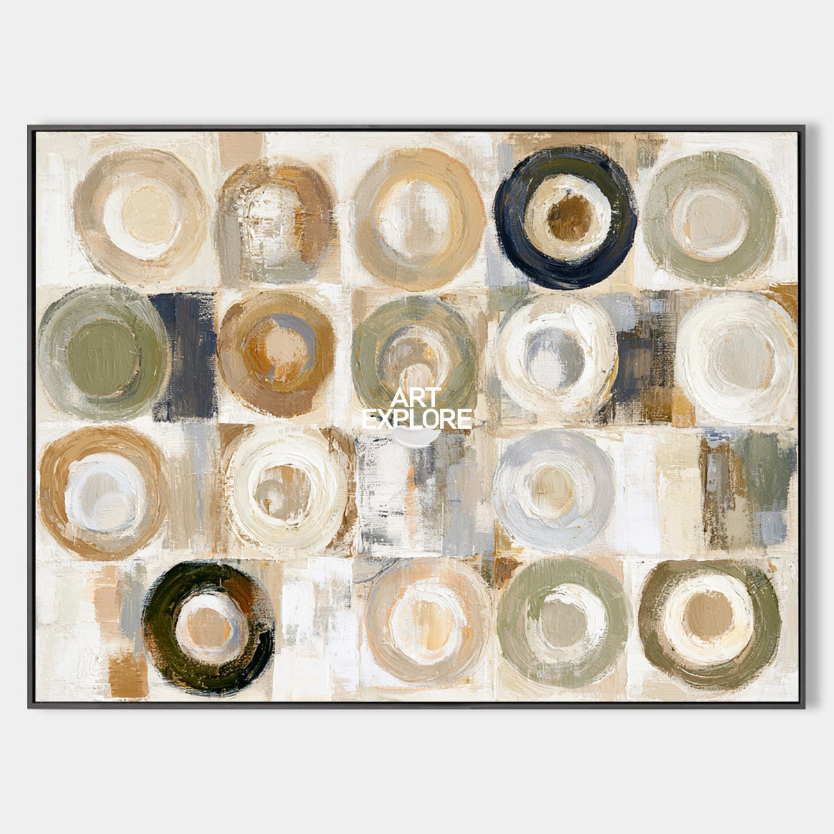 Warm Geometric Abstract Canvas Painting With Earthy Circles For Modern Decor