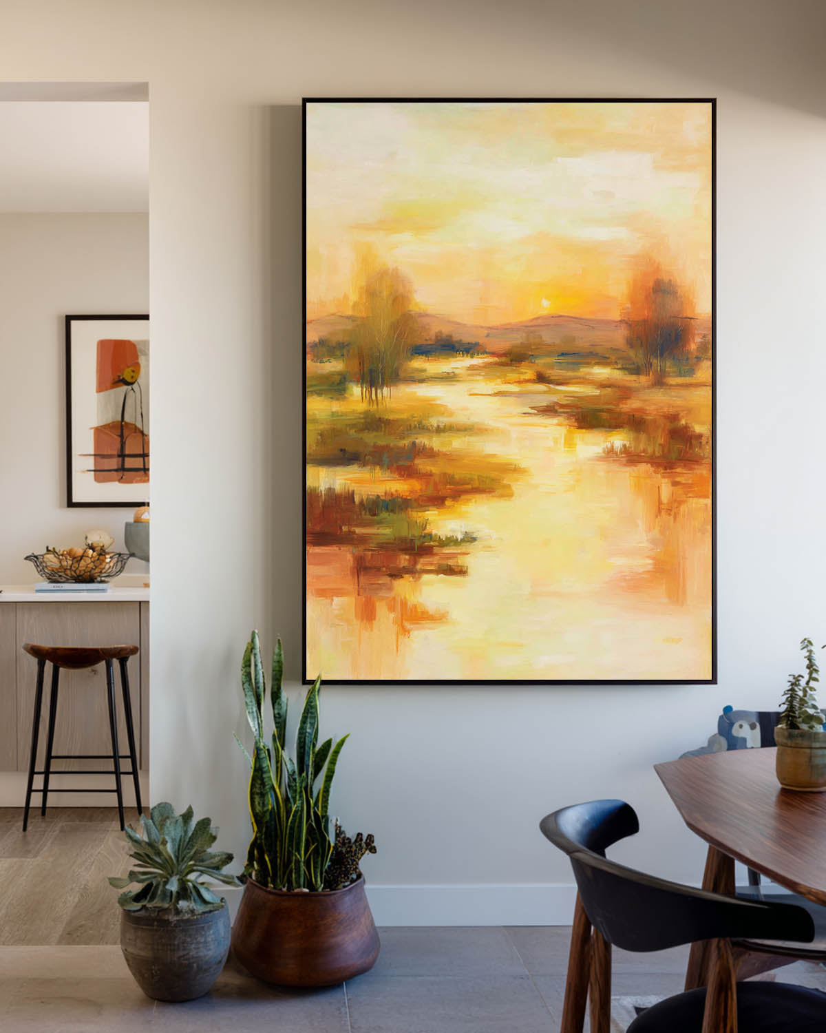 Golden Sunset Abstract Painting On Linen Canvas With Warm Tones For Modern Home Decor