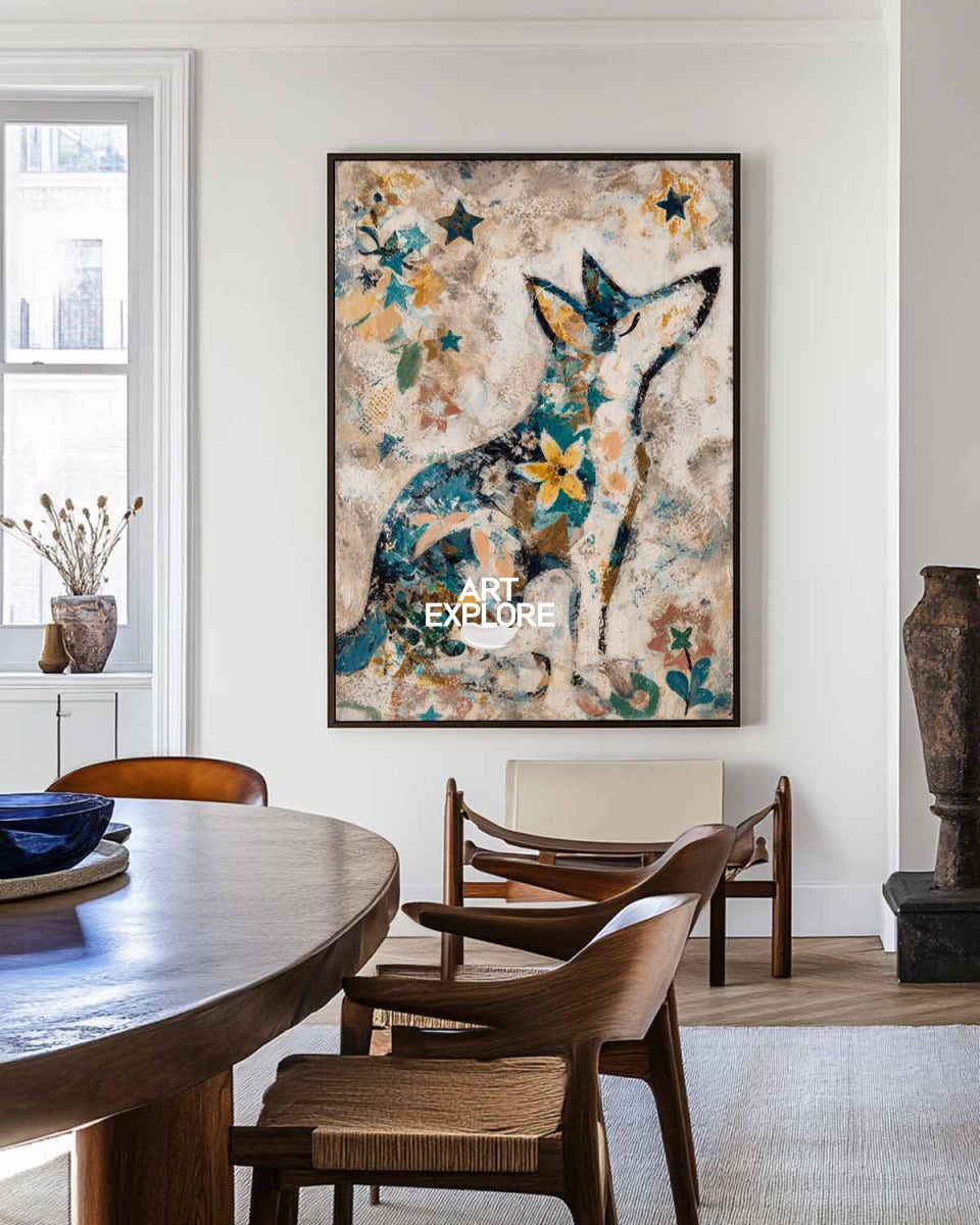 Modern Abstract Animal Art Beige And Blue Wolf Painting For Living Room Decor