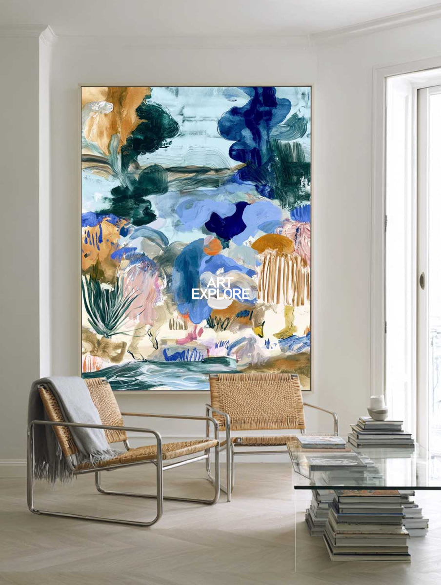 Blue And Green Abstract Canvas Painting Hand-Painted Wall Art With Earthy Tones
