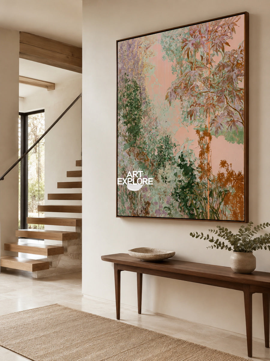 Abstract Pink And Green Botanical Canvas Painting Hand-Painted Wall Art