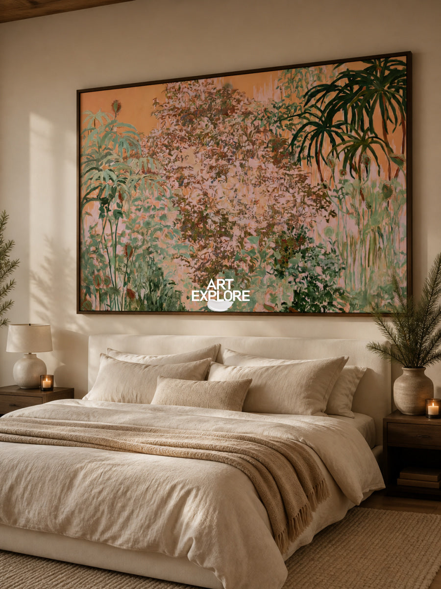 Abstract Pink And Green Botanical Canvas Painting Hand-Painted Wall Art For Modern Home