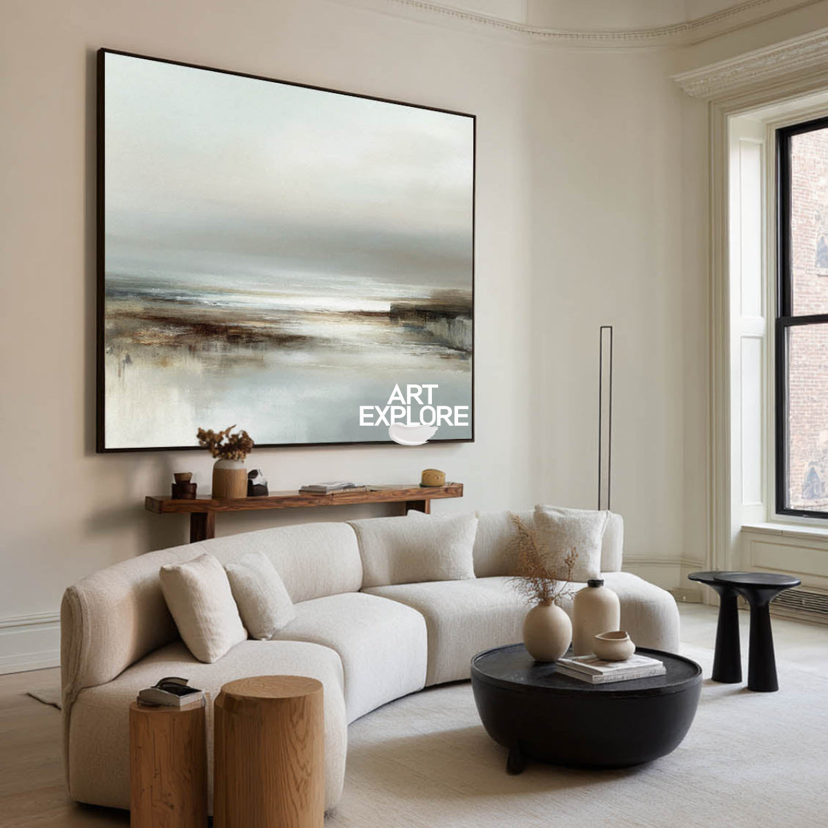 Abstract Grey Seascape Art Horizontal Canvas Painting For Modern Living Room Decor