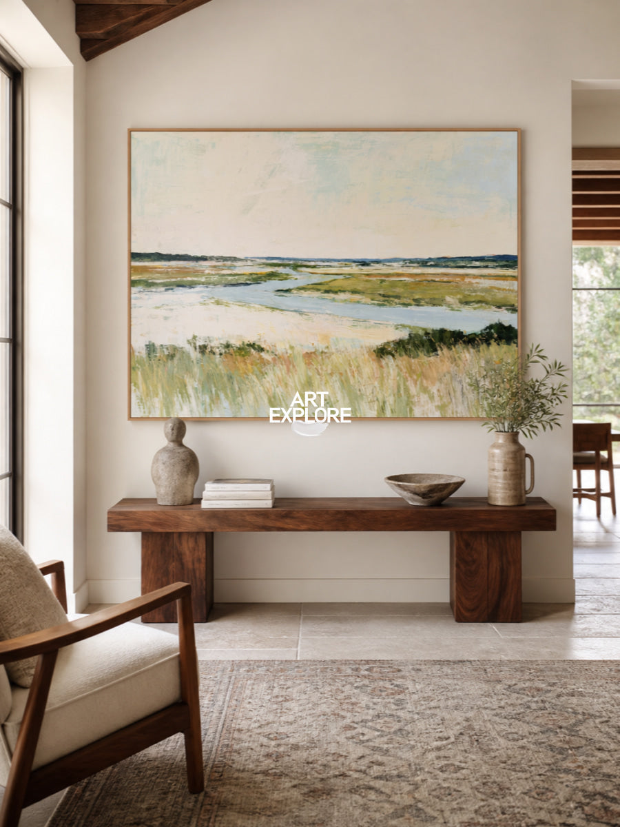 Hand-Painted Coastal Landscape Canvas Art In Warm Beige And Blue Tones