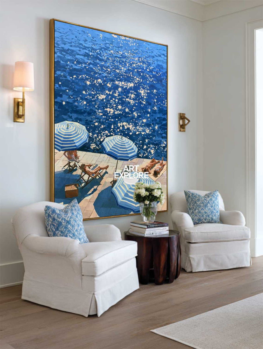 Blue And White Beach Painting For Modern Coastal Living Room Summer Decor