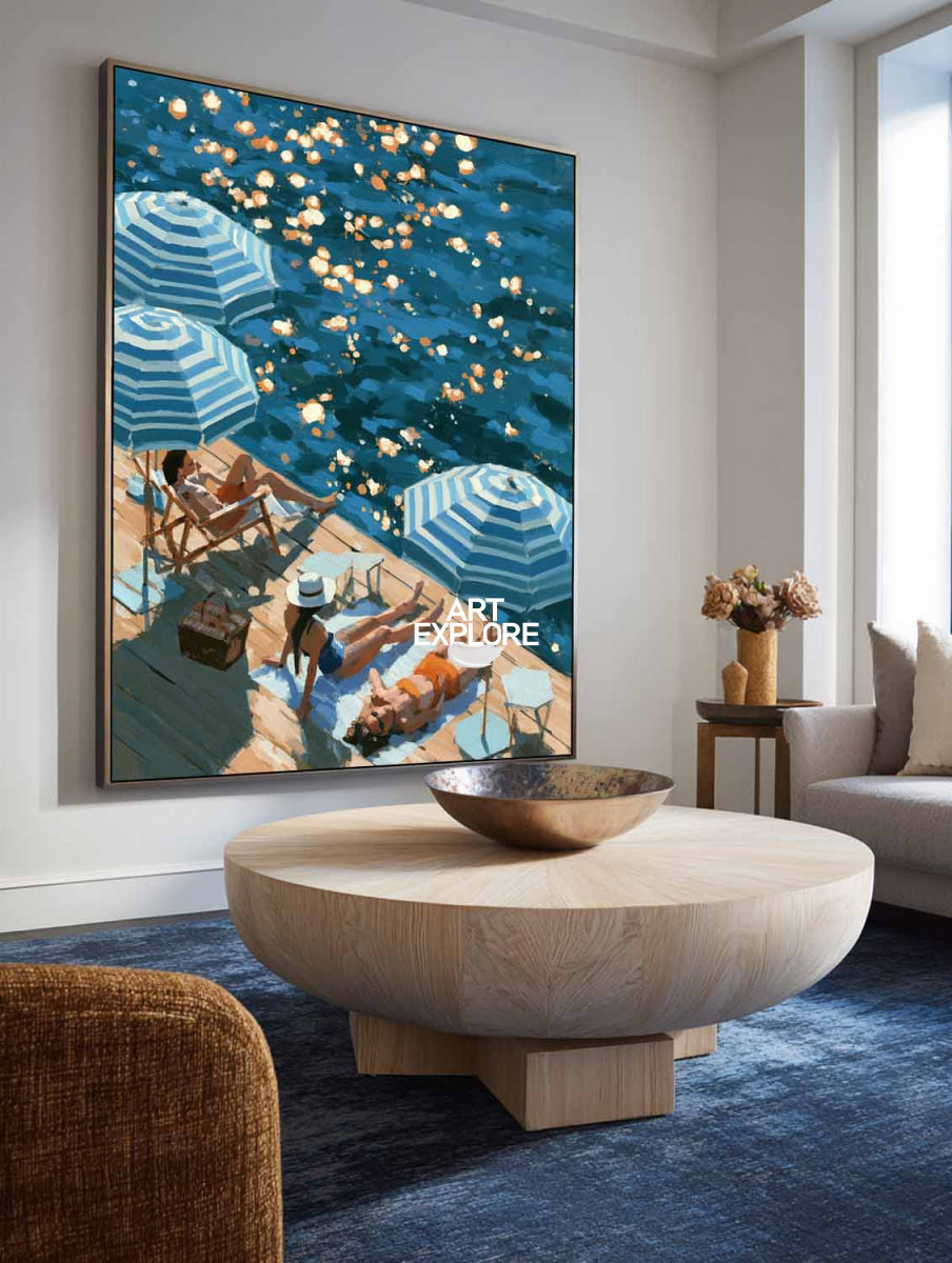 Abstract Blue Ocean Painting For Modern Coastal Living Room Decor With Summer Vacation Vibe