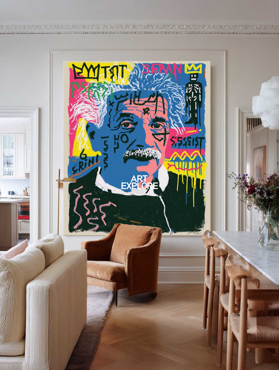 Einstein Graffiti Pop Art Canvas Painting Blue Pink Hand-Painted Wall Decor