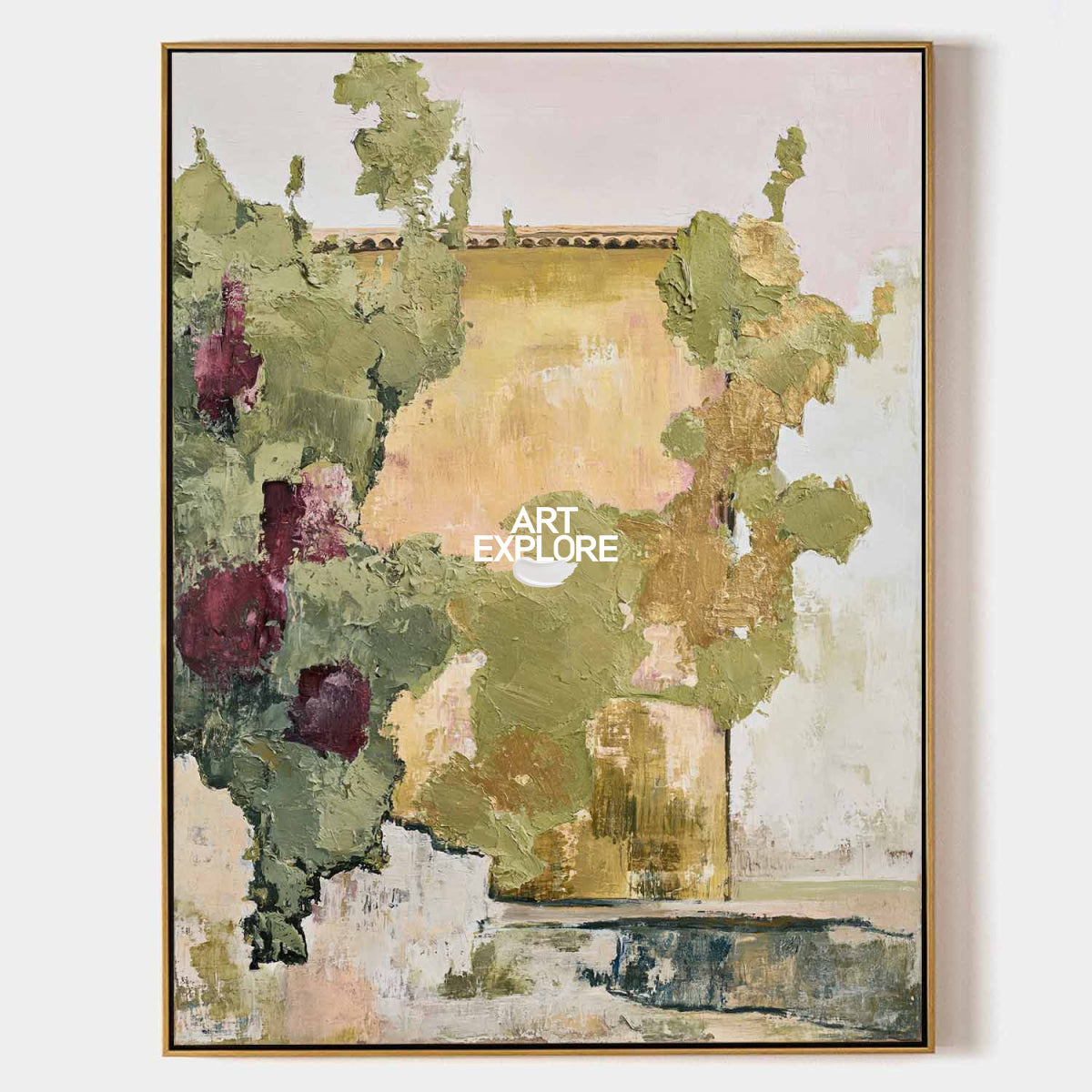 Abstract Floral Garden Canvas Painting With Purple And Green Tones