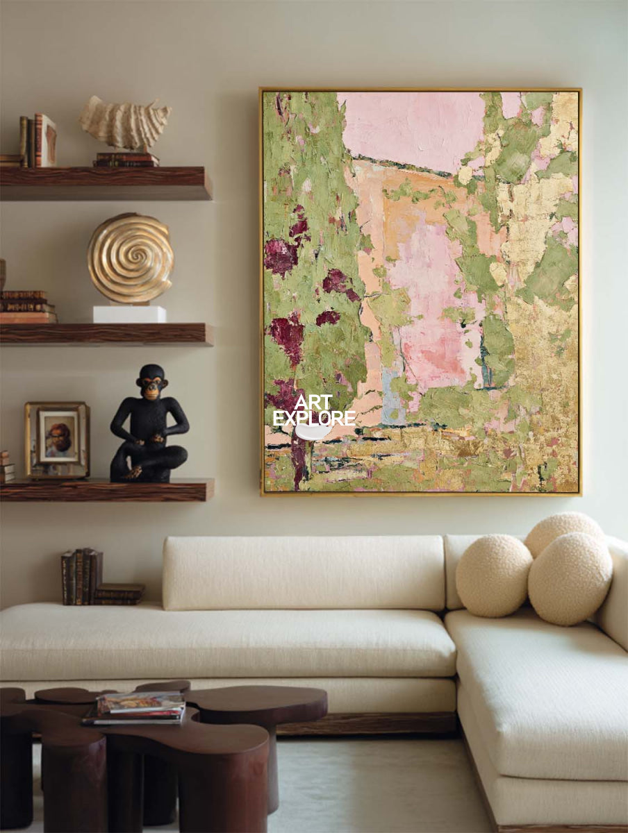 Abstract Garden Landscape Painting Green Pink Hand-Painted Canvas Art