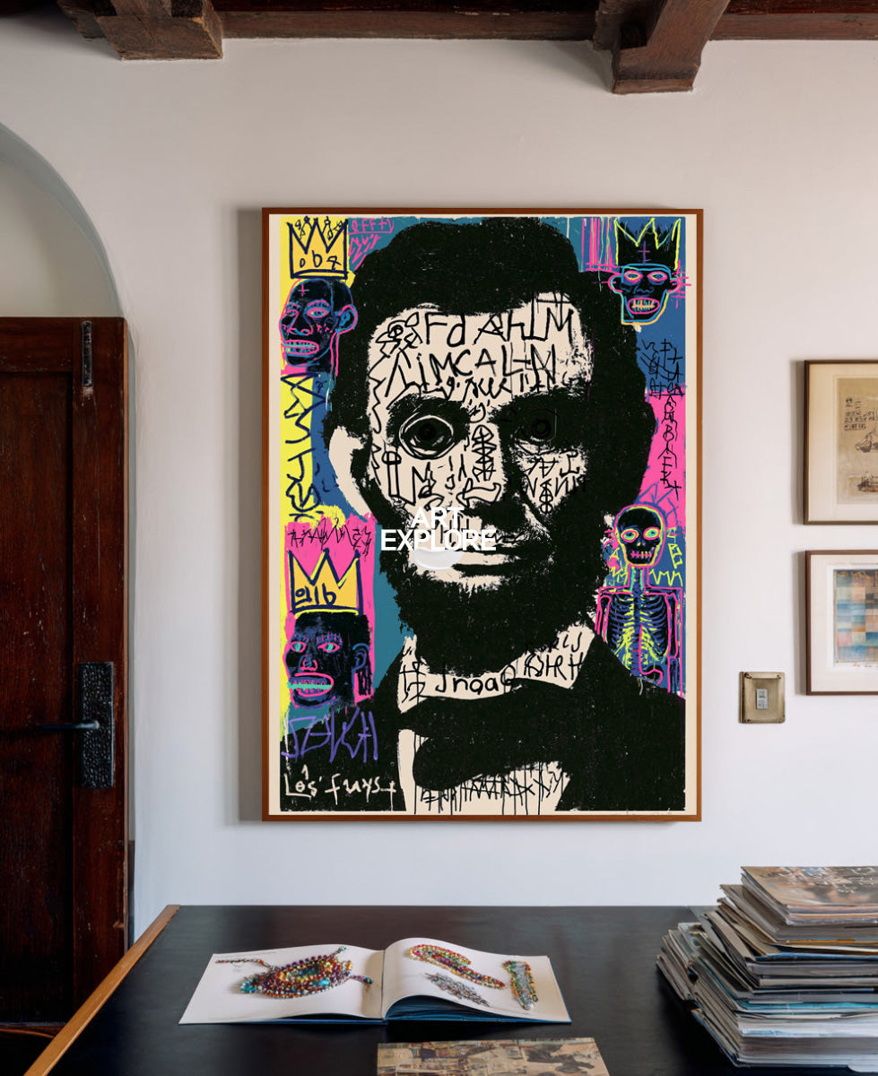 Hand-Painted Graffiti Lincoln Canvas Art With Black And Beige Tones