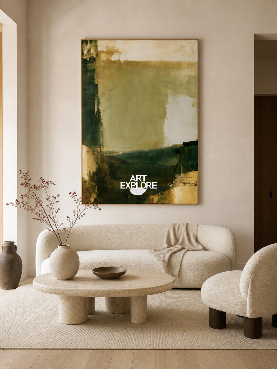 Hand-Painted Minimalist Abstract Art In Earthy Green Tones For Modern Homes