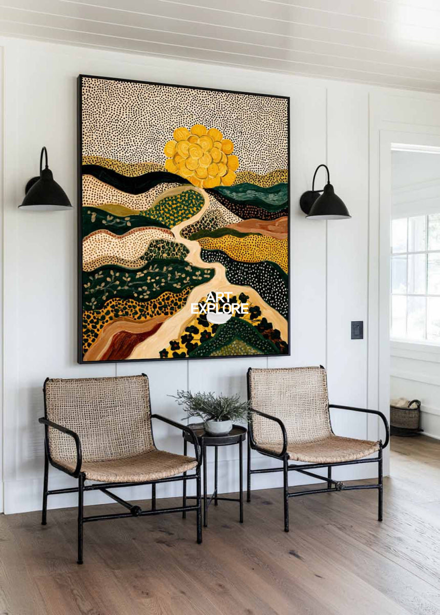 Abstract Landscape Painting Beige And Green With Golden Sun For Modern Living Room Decor