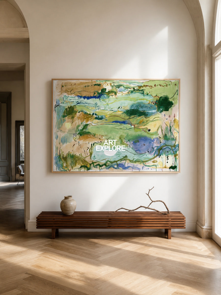 Abstract Green Landscape Canvas Painting Hand-Painted Wall Art With Blue And Beige Tones