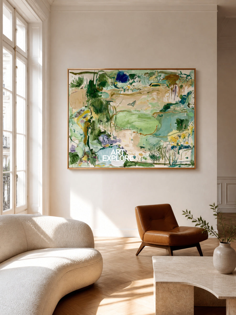Abstract Green Landscape Hand-Painted Canvas Art With Blue Accents