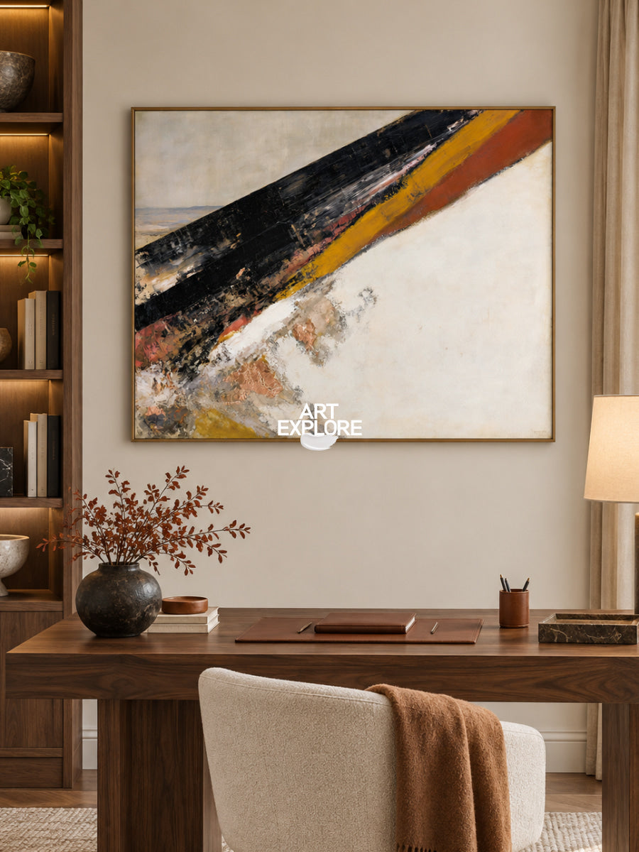 Abstract Black And Beige Canvas Painting With Gold Accents For Modern Walls