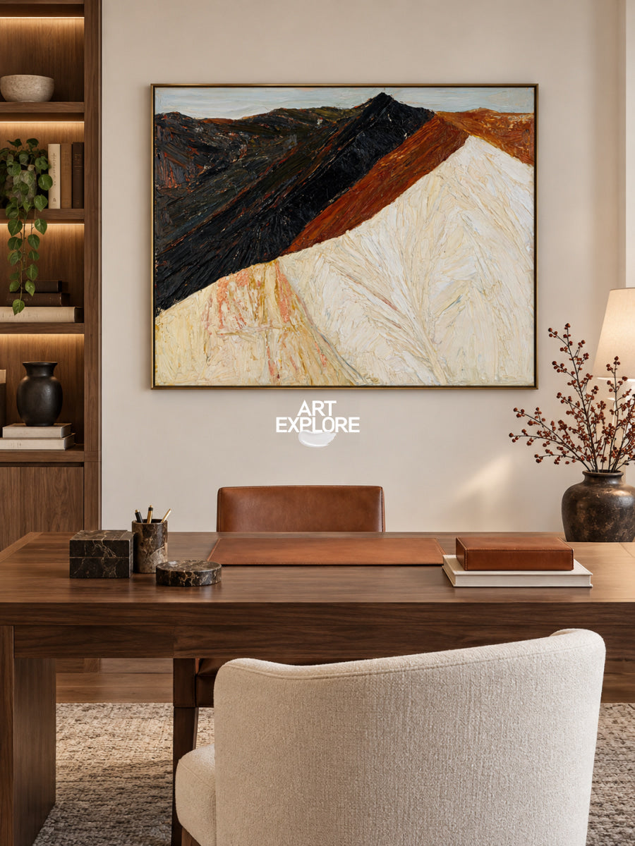 Abstract Mountain Landscape Canvas Painting With Earthy Tones And Textured Brushwork