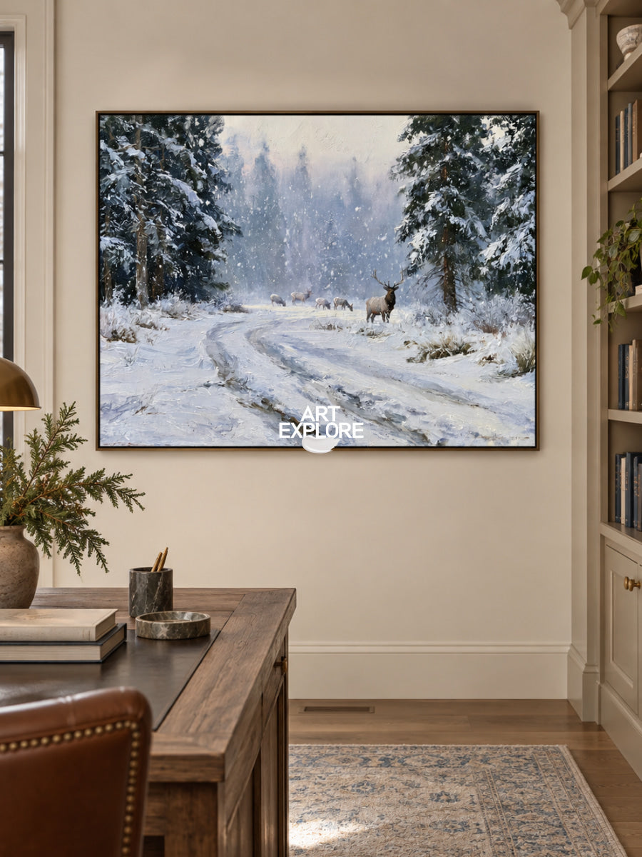 Hand-Painted Deer And Elk In Snowy Forest Canvas Painting