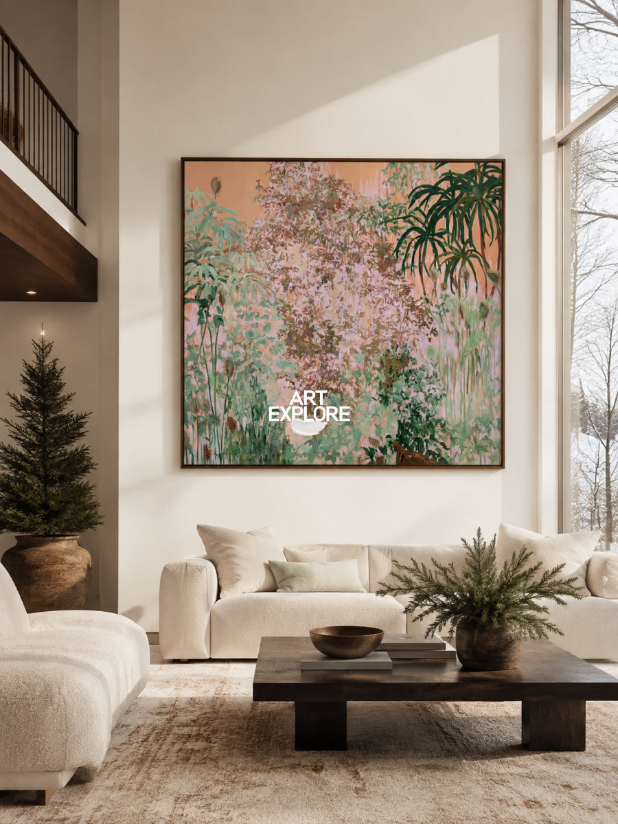 Abstract Pink And Green Botanical Canvas Painting Hand-Painted Wall Art For Modern Home