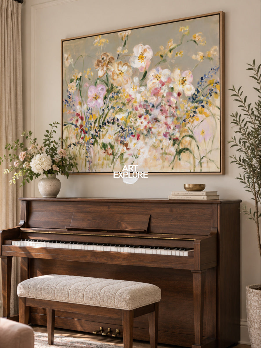 Abstract Floral Canvas Painting With Textured Colorful Flowers For Modern Home Decor