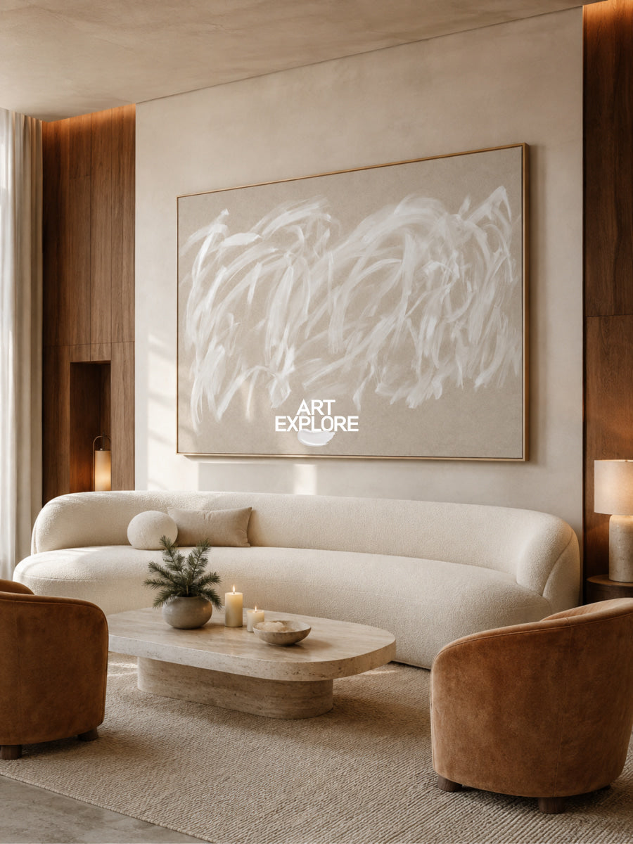 Abstract Beige And White Hand-Painted Canvas Wall Art For Modern Home Decor