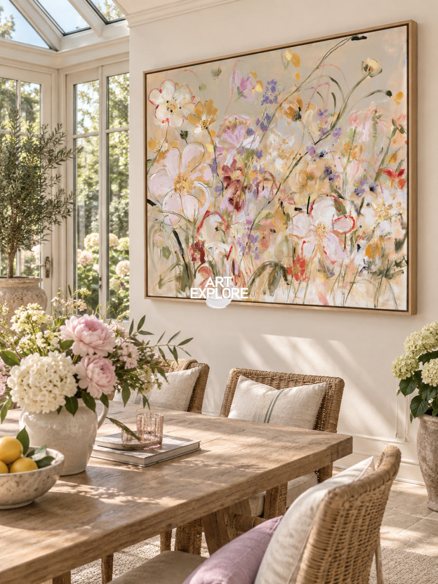 Abstract Floral Canvas Painting With Colorful Textured Flowers For Modern Wall Art