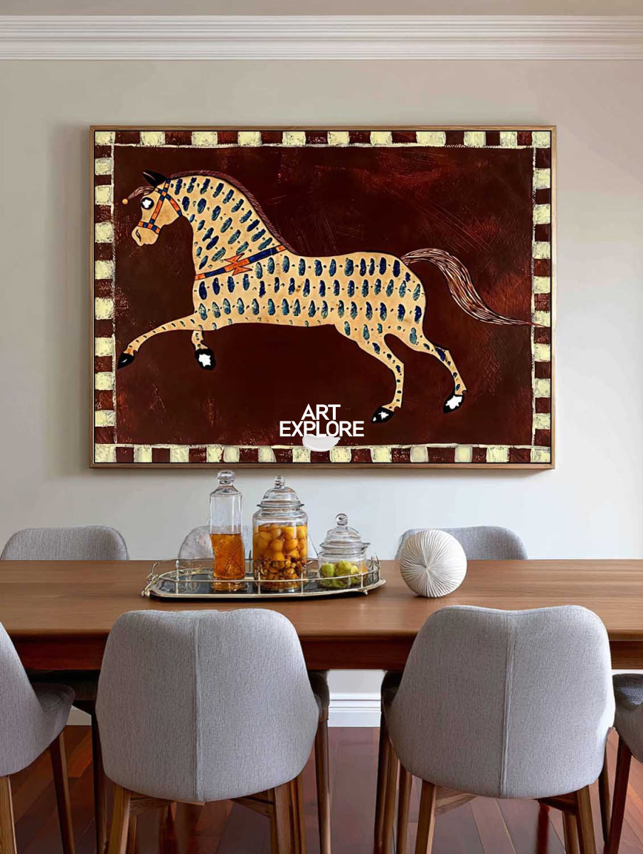 Vintage Folk Art Horse Painting On Canvas With Red Brown Tones For Living Room Decor