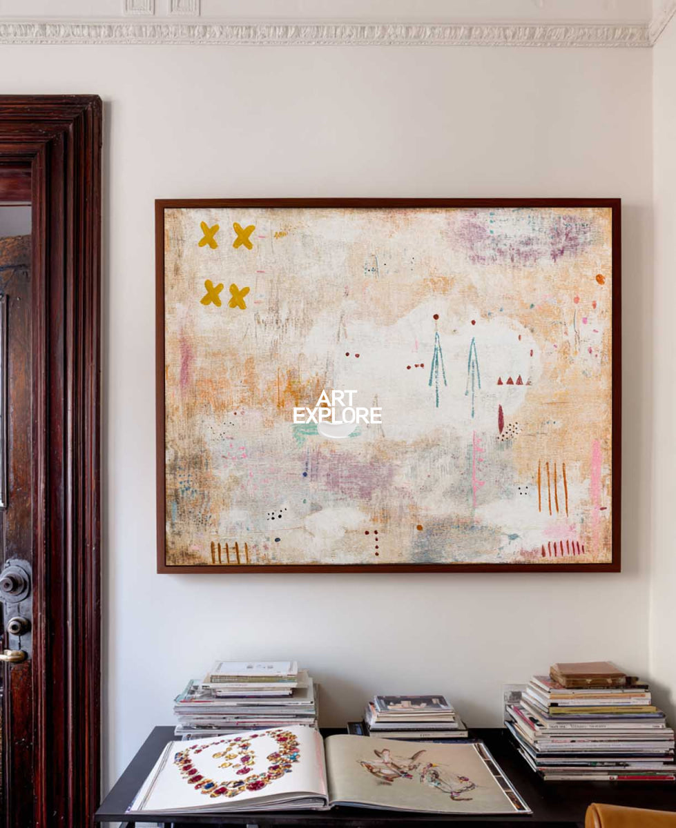 Large Abstract Beige Painting With Pink Accents For Modern Living Room Decor