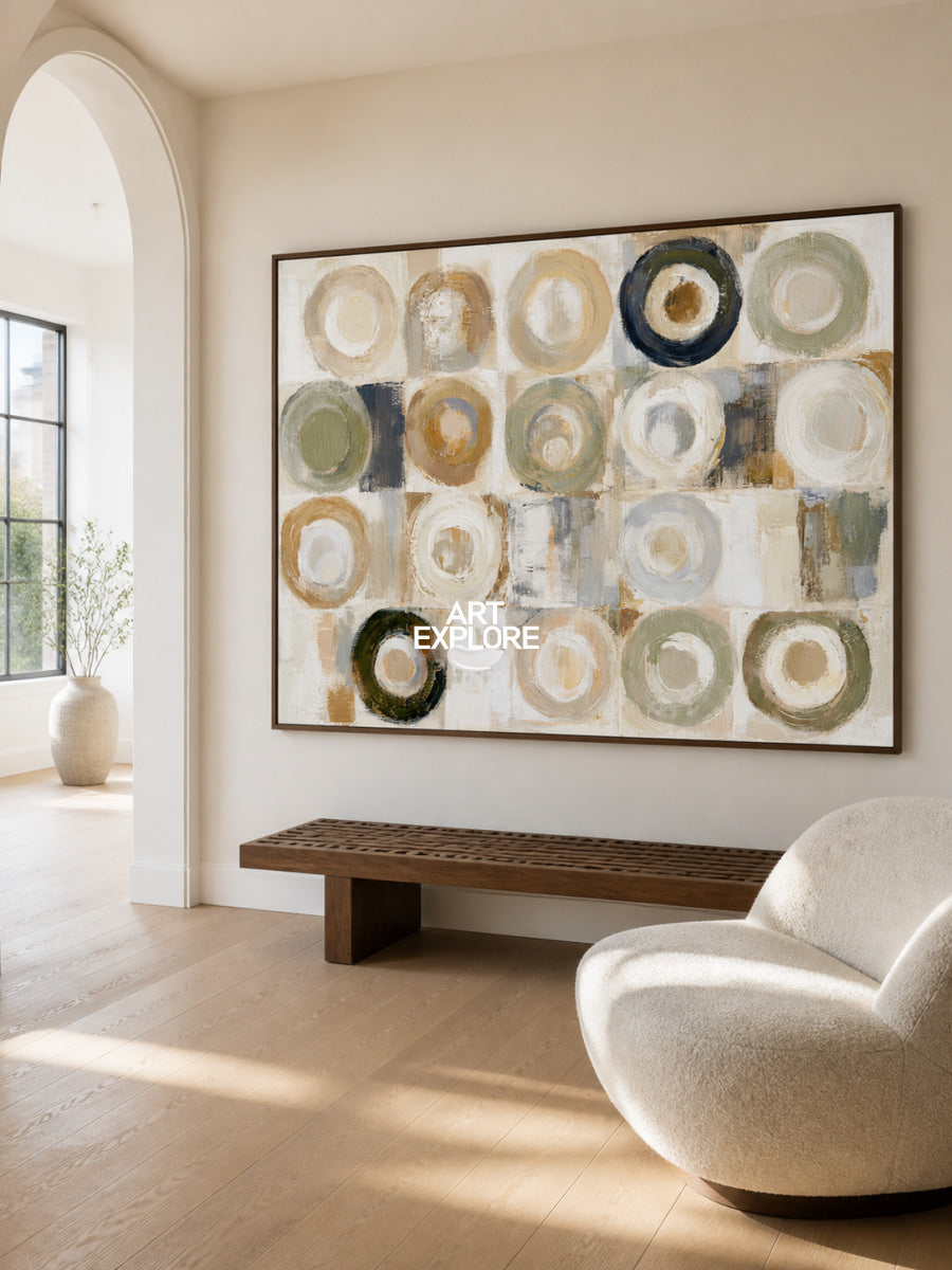 Warm Geometric Abstract Canvas Painting With Earthy Circles For Modern Decor