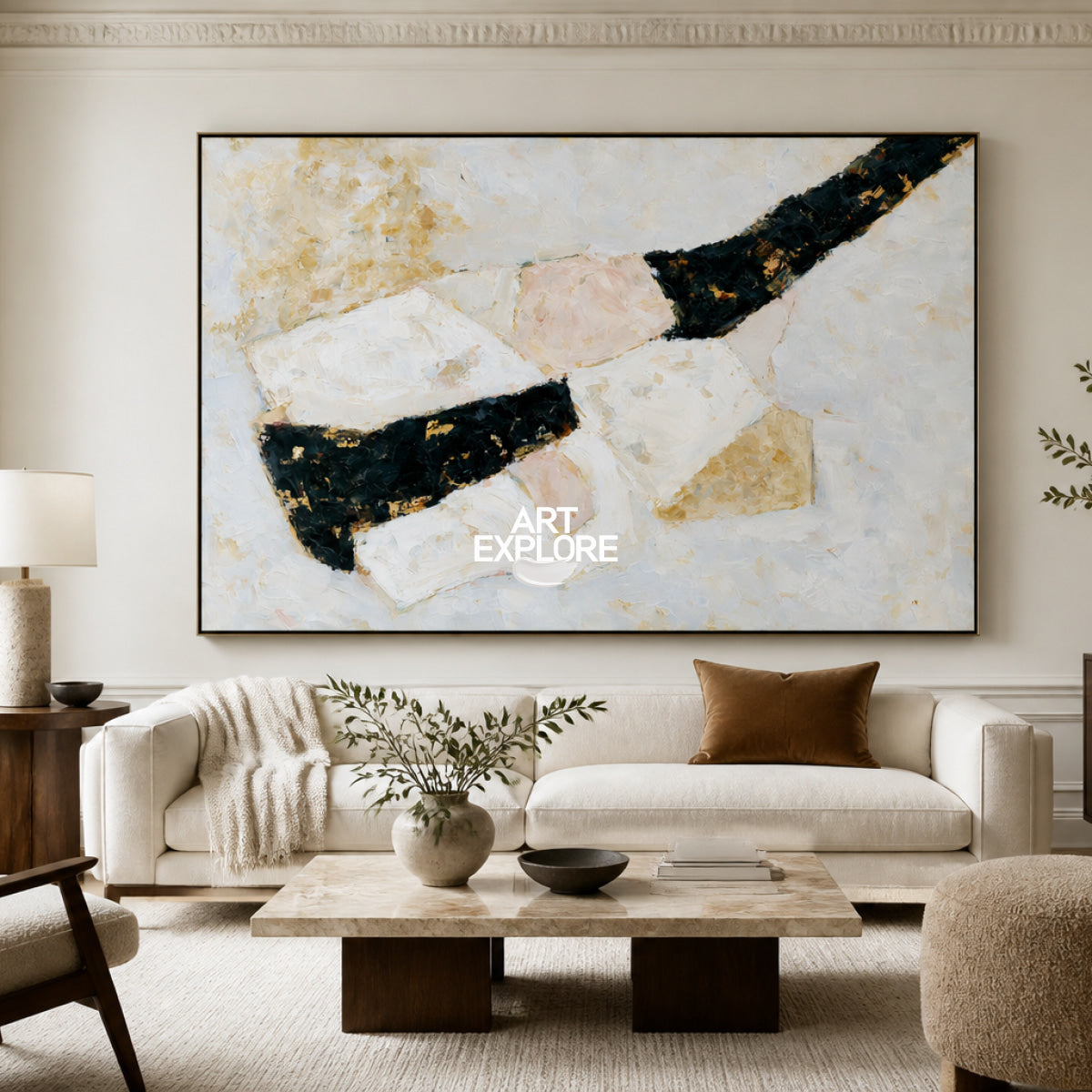 Abstract Geometric Canvas Painting In Black White And Beige