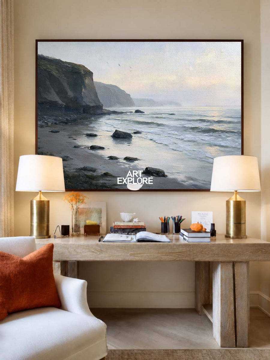 Original Coastal Seascape Painting Black And Grey Ocean Art For Living Room