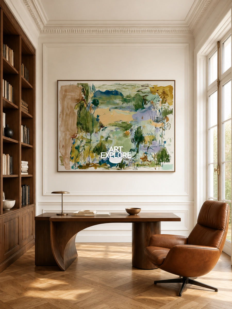Abstract Green Landscape Canvas Painting Hand-Painted Wall Art With Blue And Beige Tones