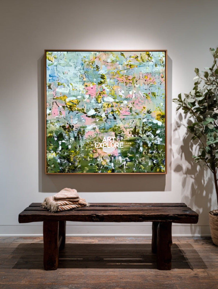 Abstract Floral Canvas Painting With Green And Pink Hues For Modern Home Decor
