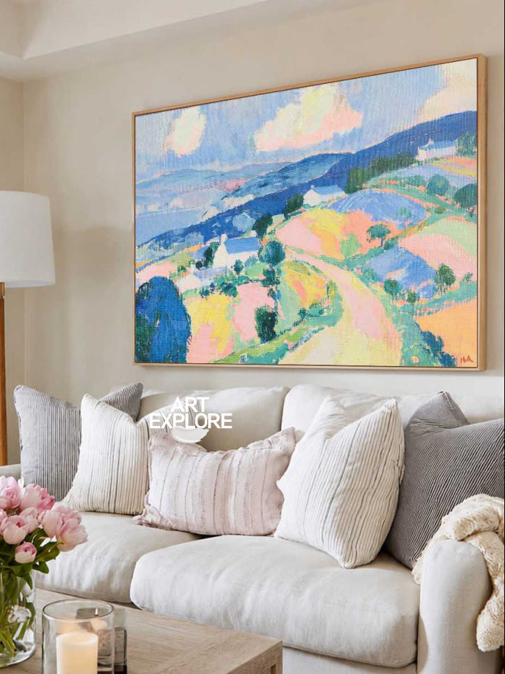 Hand-Painted Abstract Hills Landscape Canvas Painting With Blue And Pink Tones