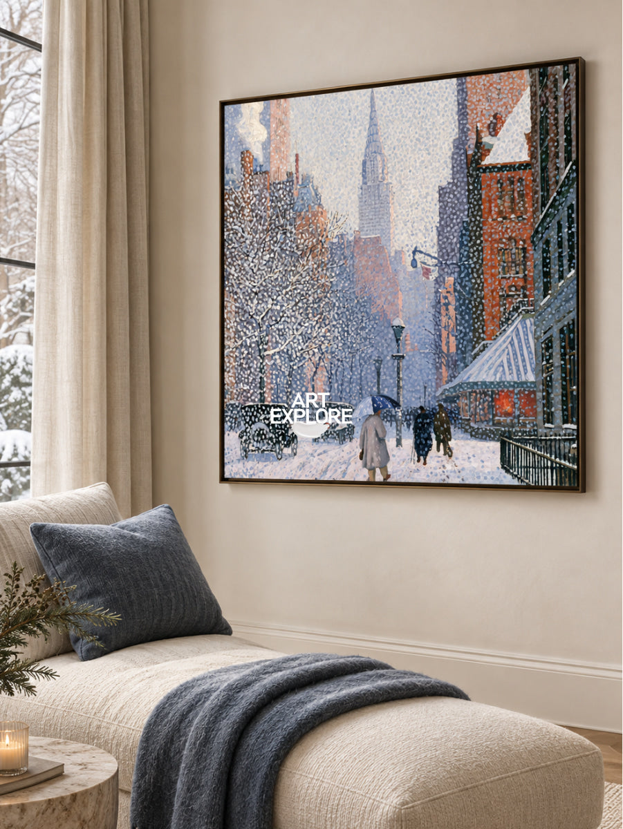 Realistic Winter Cityscape Hand-Painted Canvas Art In Blue And White