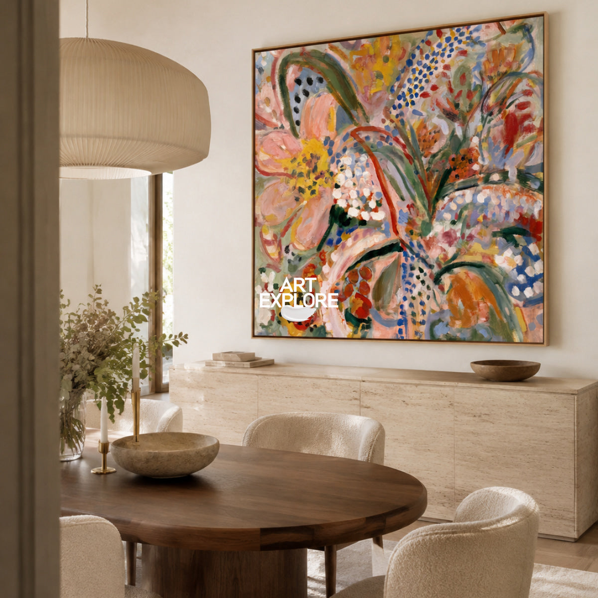 Abstract Floral Canvas Painting With Pink Blue Yellow Hand-Painted Wall Art
