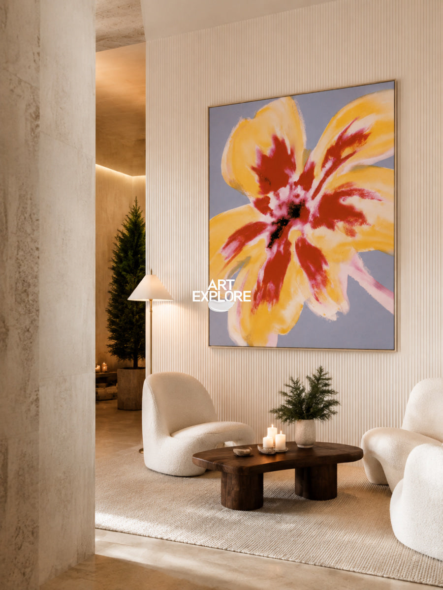 Hand-Painted Abstract Flower Art In Red And Golden Yellow Tones On Canvas