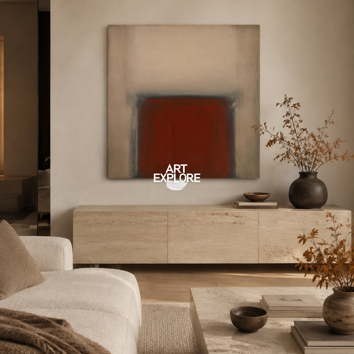 Minimalist Red Abstract Canvas Art With Soft Beige Tones And Geometric Shape