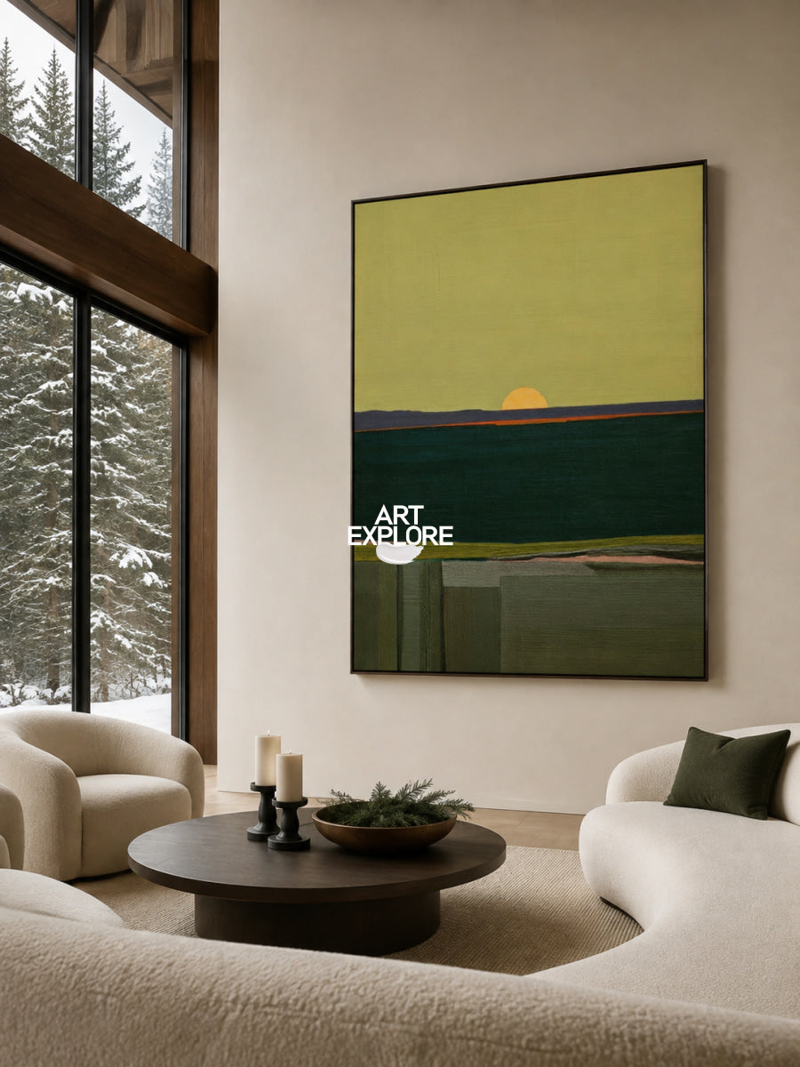 Minimalist Abstract Green Art With Geometric Forms And Sunset Glow Original Canvas