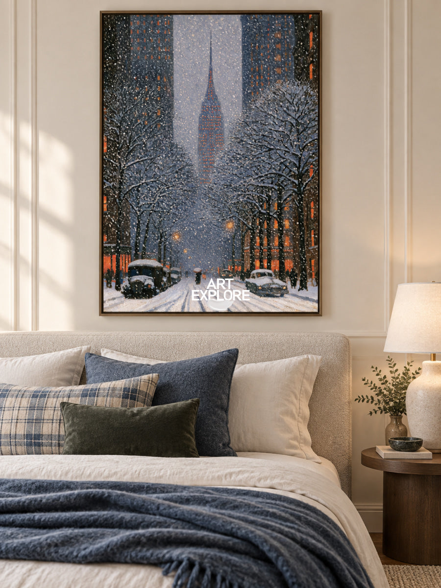 Snowy New York City Painting With Empire State Building Blue Wall Art